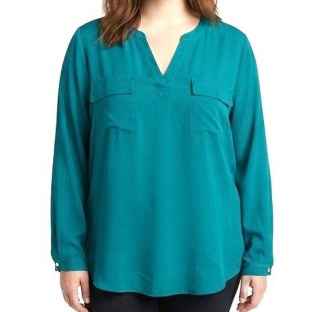 Chico's Blouse Women Size 3 XL Teal Green Long Sleeve V-Neck Pocket Top